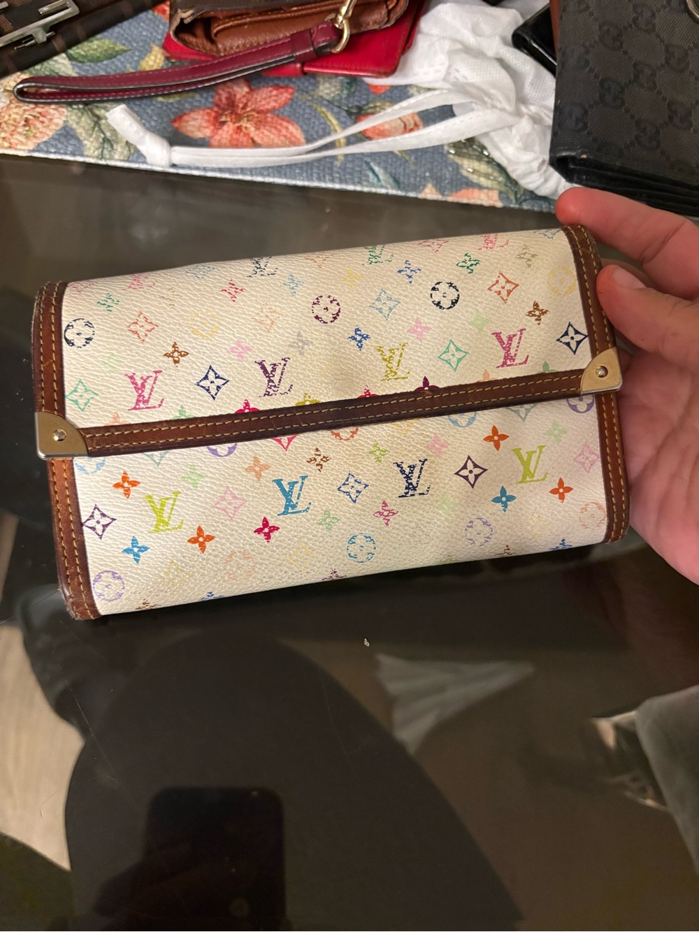 Louis Vuitton White Multicolor Monogram Canvas Wallet with Brown Trim